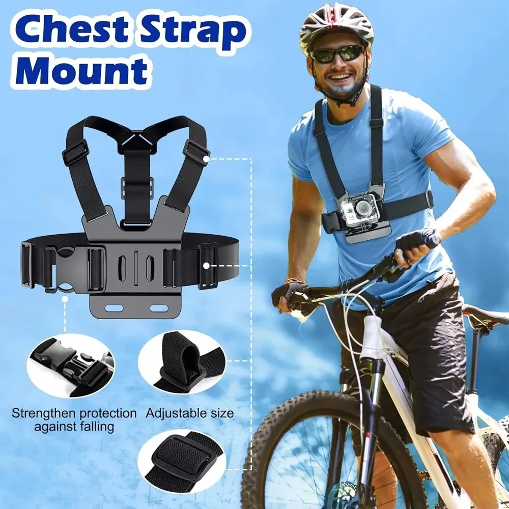 مجموعة ملحقات كاميرا الأكشن تشمل حزام الرأس وحزام الصدر وحامل قابل للتعديل لكاميرات GoPro والهواتف وDJI Osmo وSJCAM وAKASO وInsta360