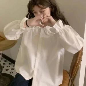 قميص أبيض نسائي عتيق على طراز Preppy بلوزة نسائية أنيقة بأكمام طويلة Y2K قمصان كاواي حلوة تناسب جميع المقاسات