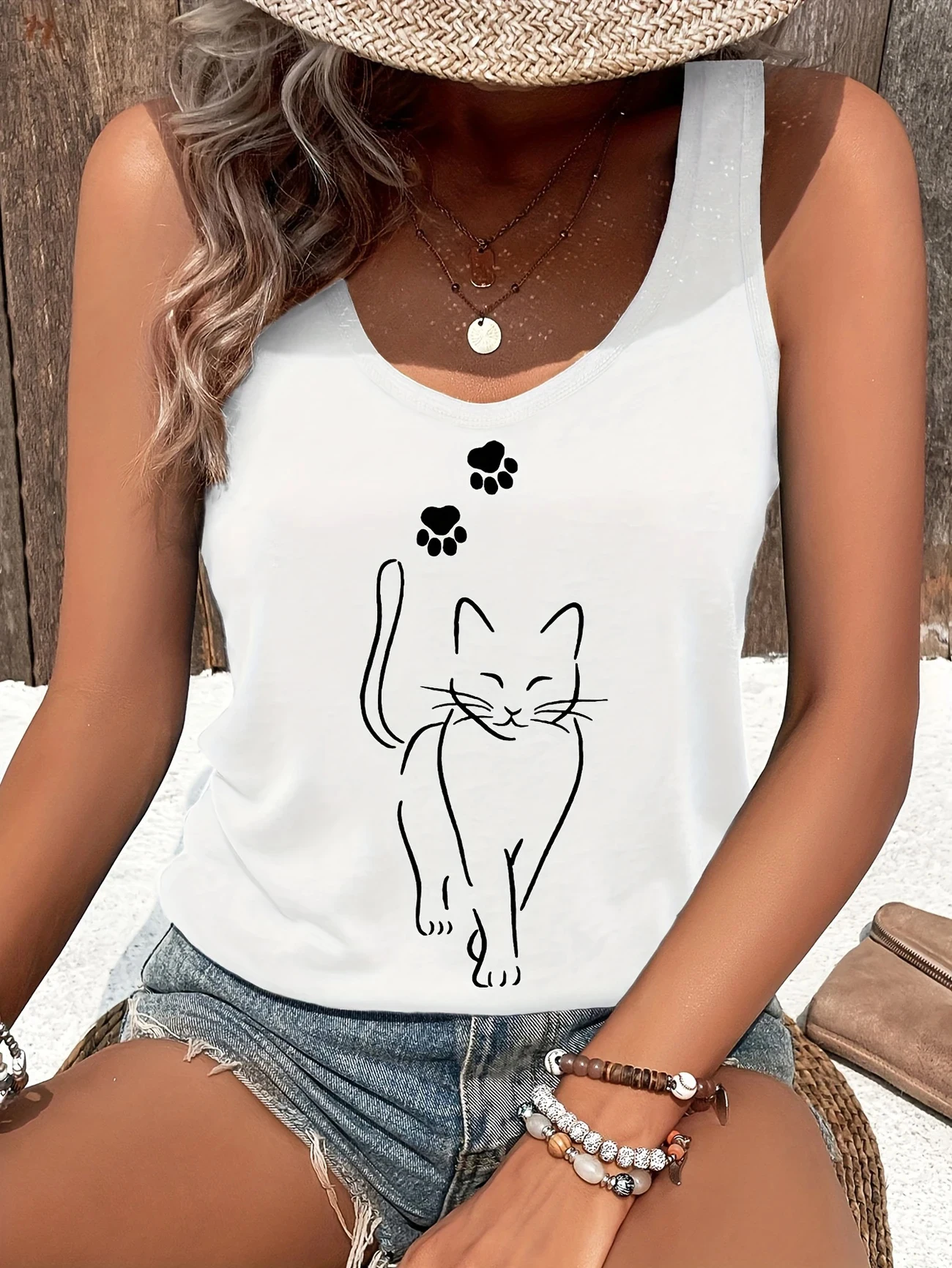 تي شيرت Cat Kawaii Design مطبوع سترة جرافيك طباعة تانك توب نسائي بدون أكمام برقبة دائرية كاجوال لفصل الصيف والربيع