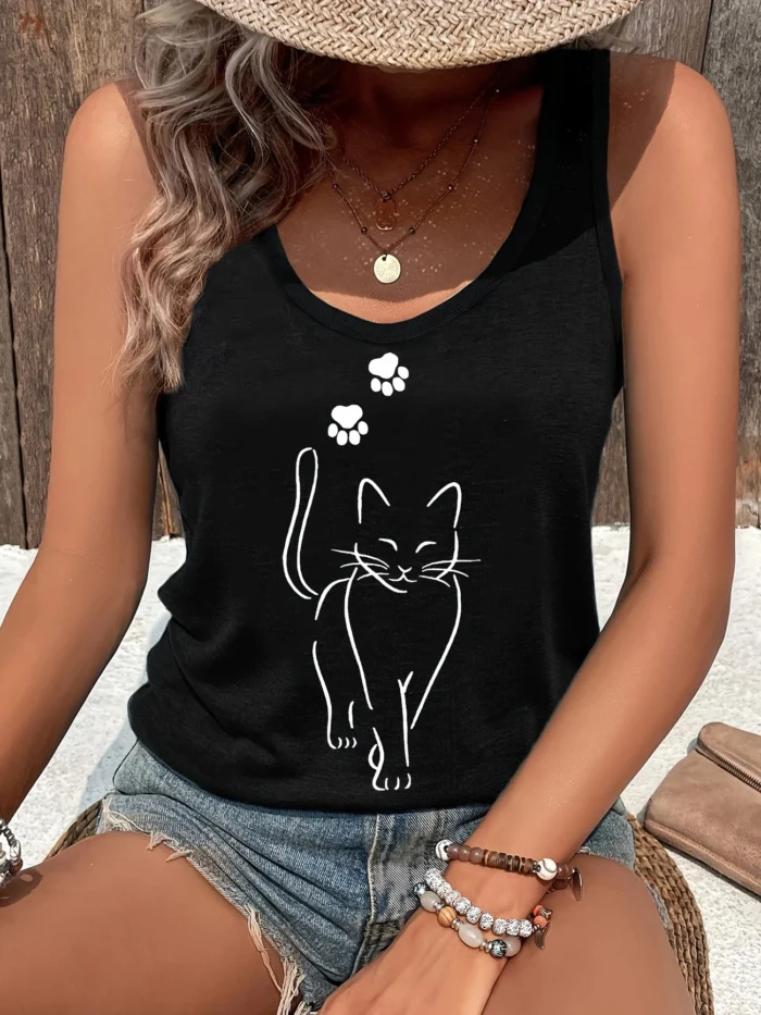 تي شيرت Cat Kawaii Design مطبوع سترة جرافيك طباعة تانك توب نسائي بدون أكمام برقبة دائرية كاجوال لفصل الصيف والربيع