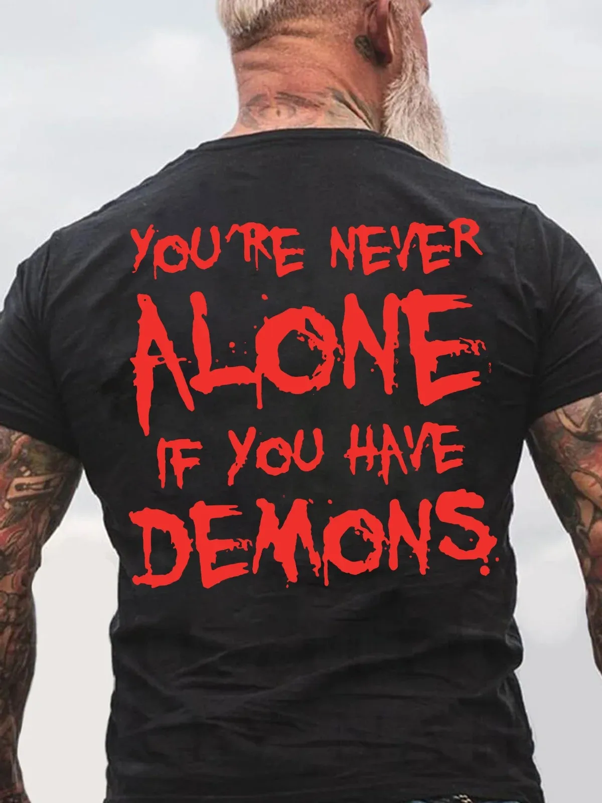 تي شيرت قطني بطبعة سوداء من You're Never Alone If You Have Demons