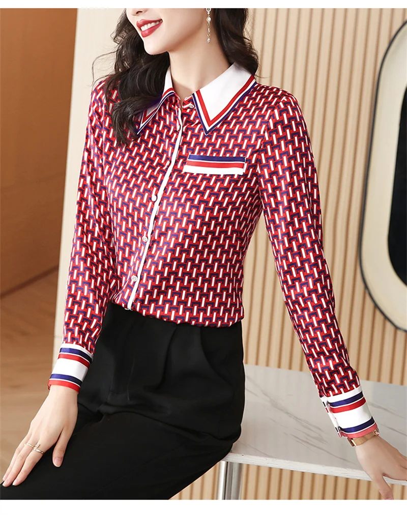 FANIECES S-4XL Ropa De Mujer أنثى الأحمر منقوشة مطبوعة Blusas قميص زر بلوزة بولو عادية ربيع الخريف الملابس النسائية