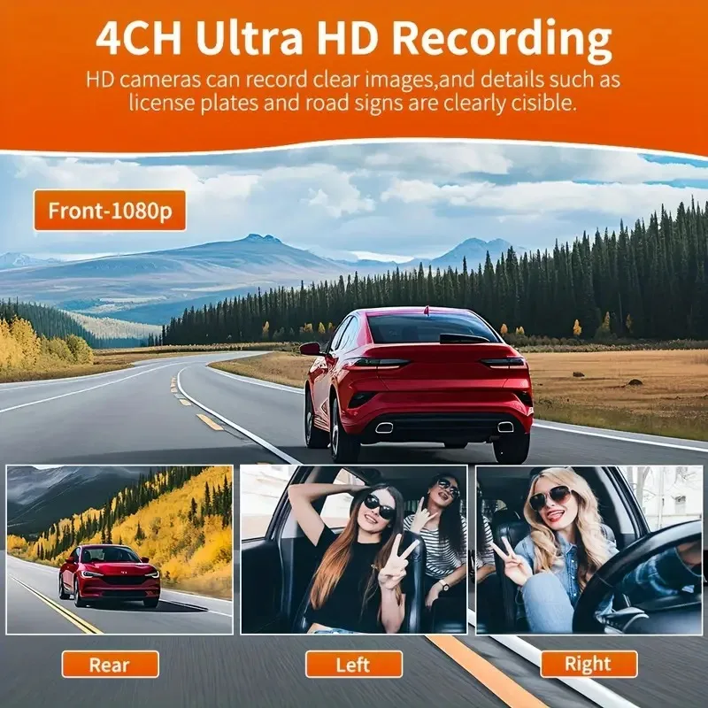 360 ° كاميرا سيارة DVR رباعية العدسات أمامية وخلفية ويسرى ويمنى مع شاشة IPS قابلة للدوران ورؤية ليلية وتسجيل على مدار 24 ساعة ومستشعر G وصندوق أسود