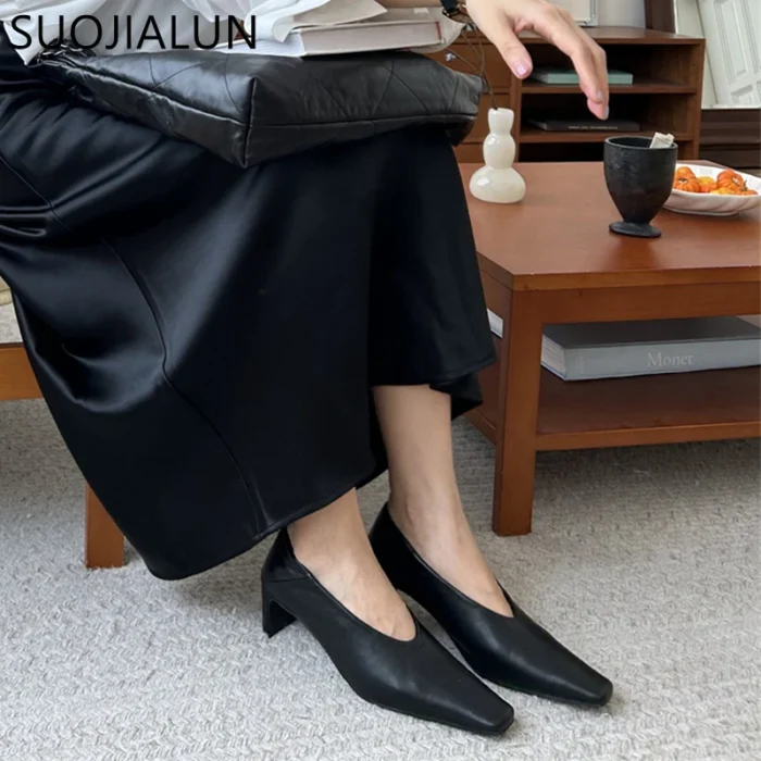 SUOJIALUN الخريف النساء مضخات أحذية موضة الضحلة الانزلاق على السيدات أنيقة حذا فردي للسيدات مربع عالية الكعب فستان في ال