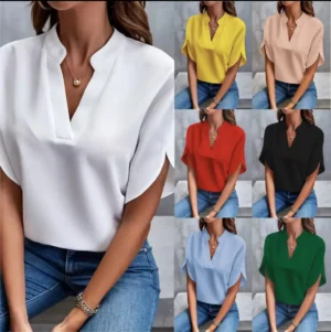 VEITCHE بلوزة نسائية صيفية غير رسمية متينة قمصان نسائية عصرية برقبة على شكل حرف v نصف كم بلوفر أنيق للمكتب بلوزات فضفاضة