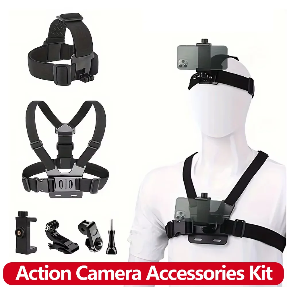 مجموعة ملحقات كاميرا الأكشن القابلة للتعديل - حزام الرأس وحزام الصدر متوافق مع GoPro Hero وOsmo وSJCAM وAKASO I