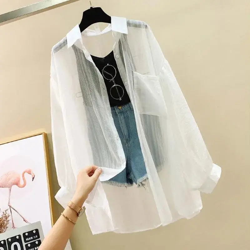الصيف واقية من الشمس قميص أنيق منظور رقيقة بلوزة شيفون الكورية Harajuku انظر من خلال بلوزة فضفاضة سترة المرأة عادية