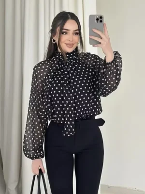 المرأة البولكا نقطة طباعة بلوزة عادية عالية الياقة كم طويل سيدة بلوزة نسائية بسيطة الإناث القمصان والبلوزات