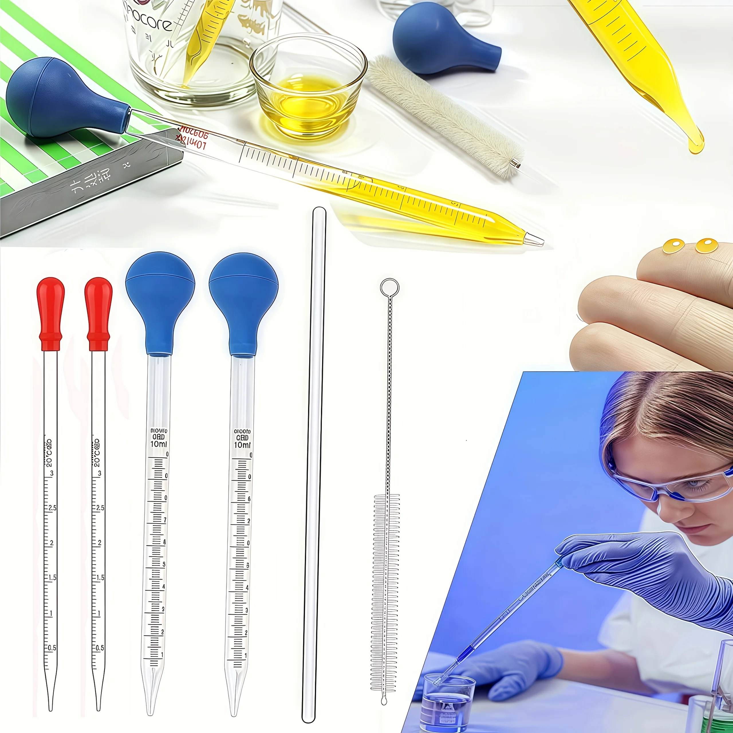 قطارة زجاجية سعة 3 مل/10 مل مع قضيب تقليب وفرشاة، 2/4 قطع أدوات تجارب معملية