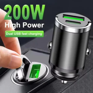 شاحن سيارة صغير بقوة 200 واط للشحن السريع لهواتف آيفون QC3.0 مع منفذ USB من نوع C لشحن الهواتف المحمولة في السيارة لشاومي وسامسونج وهواوي