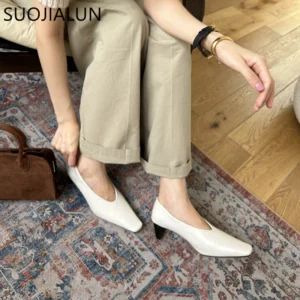 SUOJIALUN الخريف النساء مضخات أحذية موضة الضحلة الانزلاق على السيدات أنيقة حذا فردي للسيدات مربع عالية الكعب فستان في الهواء الطلق مضخات