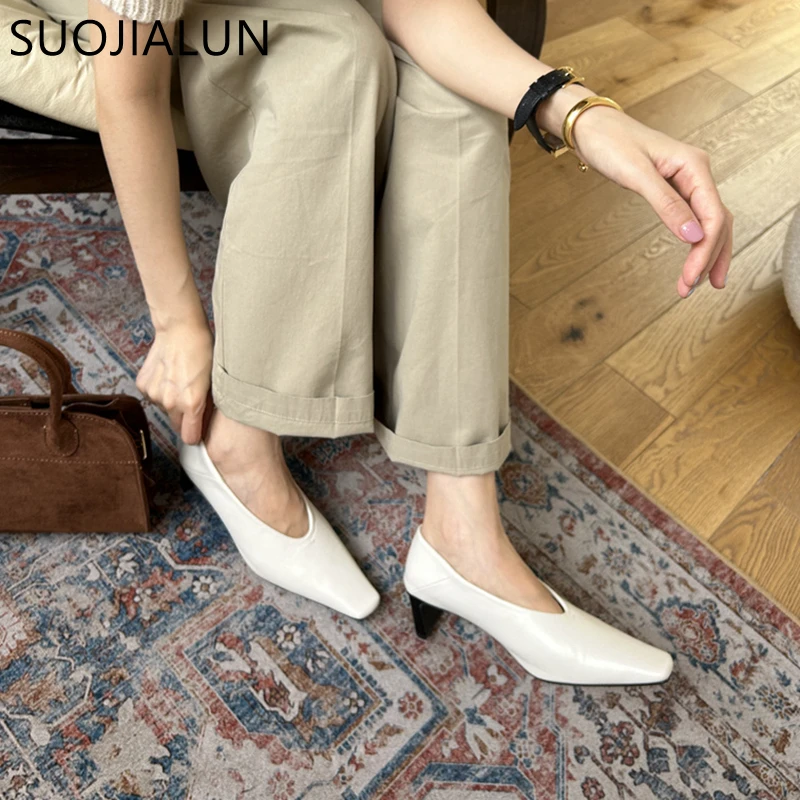 SUOJIALUN الخريف النساء مضخات أحذية موضة الضحلة الانزلاق على السيدات أنيقة حذا فردي للسيدات مربع عالية الكعب فستان في الهواء الطلق مضخات