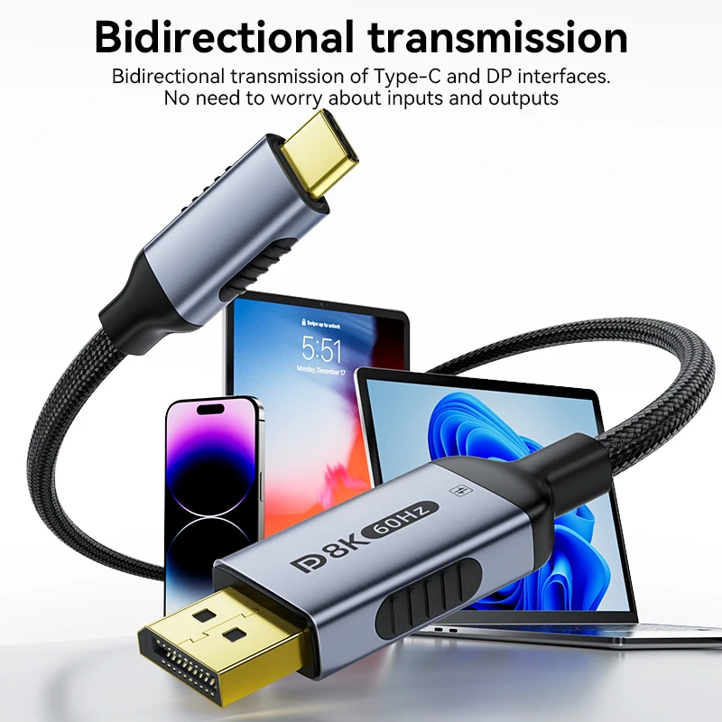 كابل USB C إلى DP 2.1 8K @ 60 هرتز 4K @ 144 هرتز لكابل Thunderbolt 4/3 من النوع C إلى DisplayPort 2.1 لجهاز عرض MacBook Huawei Air