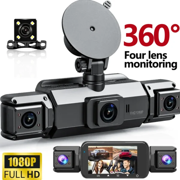 360 °   كاميرا سيارة DVR رباعية العدسات أمامية وخلفية ويسرى ويمنى مع شاشة IPS قابلة للدوران ورؤية ليلية وتسجيل على مدار 24 ساعة ومستشعر G وصندوق أسود