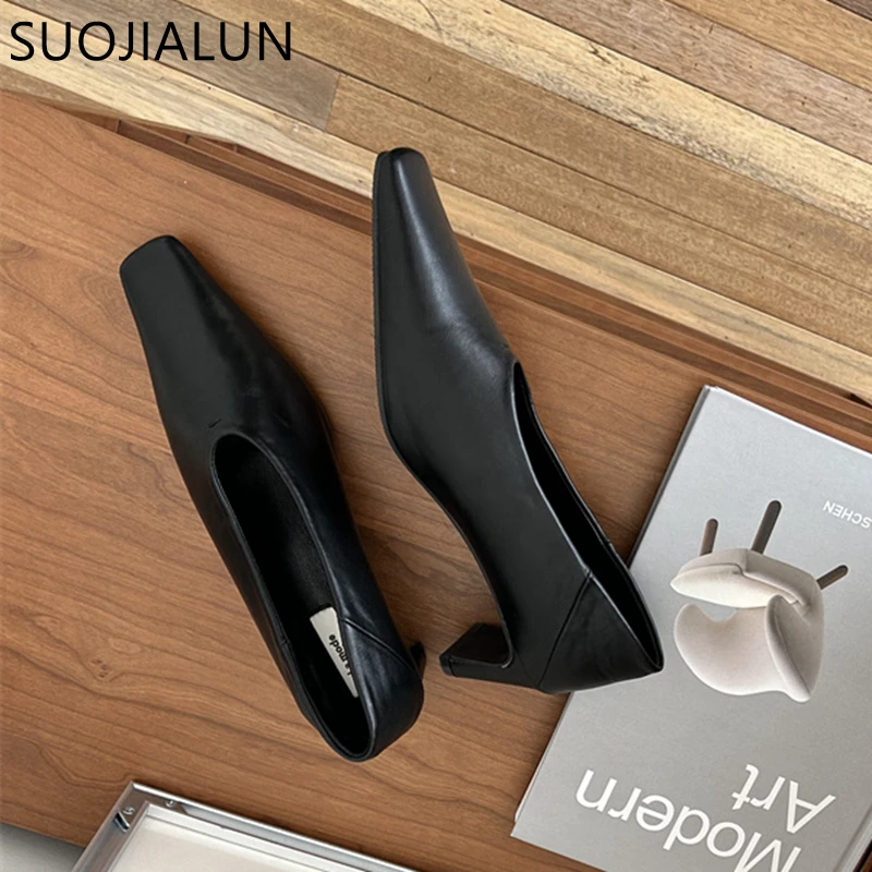 SUOJIALUN الخريف النساء مضخات أحذية موضة الضحلة الانزلاق على السيدات أنيقة حذا فردي للسيدات مربع عالية الكعب فستان في الهواء الطلق مضخات