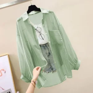 الصيف واقية من الشمس قميص أنيق منظور رقيقة بلوزة شيفون الكورية Harajuku انظر من خلال بلوزة فضفاضة سترة المرأة عادية