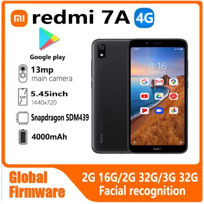 هاتف Xiaomi Redmi 7A الذكي البرامج الثابتة العالمية 4G 5.45 بوصة 1440 × 720 13MP Qualcomm Snapdragon 439 هاتف مستعمل للتعرف على الوجه