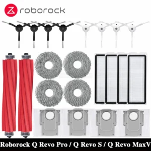 مجموعة ملحقات مكنسة روبوروك الروبوتية Q Revo MaxV/Q Revo S/Q Revo Pro: كيس الغبار، الفرشاة الجانبية الرئيسية، فلتر HEPA، قطعة قماش الممسحة، قطع غيار.