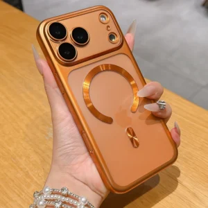 غطاء هاتف فاخر بتصميم مطفي وشفاف مع خاصية المغناطيس، متوافق مع هواتف iPhone 18 و17 Pro Max و17 Pro، ويوفر حماية للشحن اللاسلكي بتقنية Magsafe.