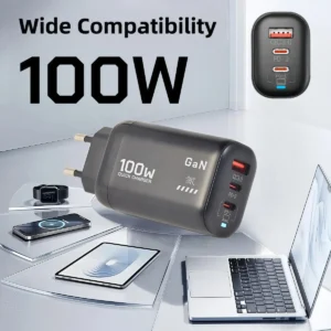 شاحن GaN بقوة 100 واط من نوع C مع تقنية PD وUSB QC 3.0 للشحن السريع للحواسيب المحمولة والآيباد، متوافق مع سامسونج وشاومي وآيفون 15 و16 برو ماكس والهواتف المحمولة الأخرى.