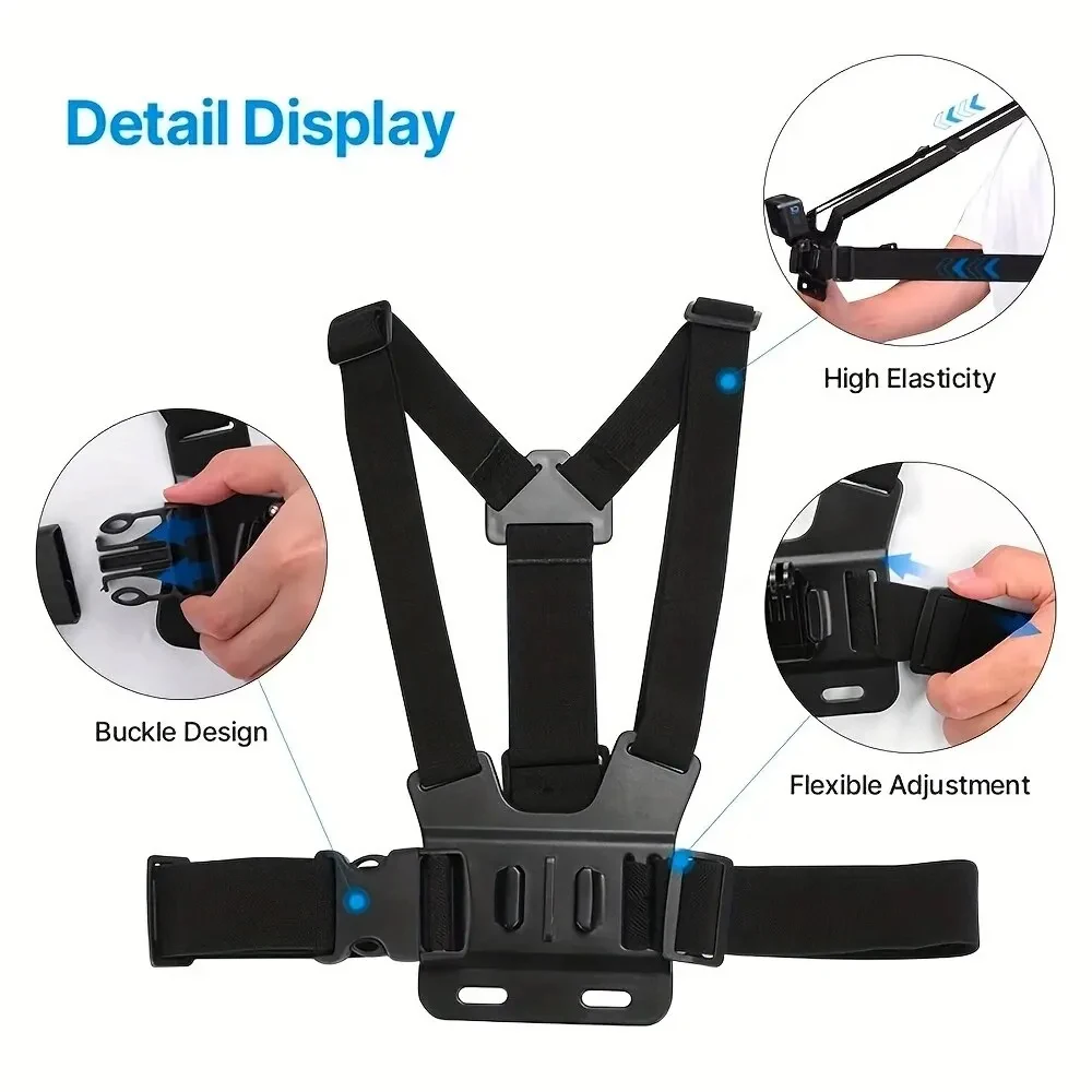 مجموعة ملحقات كاميرا الأكشن تشمل حزام الرأس وحزام الصدر وحامل قابل للتعديل لكاميرات GoPro والهواتف وDJI Osmo وSJCAM وAKASO وInsta360