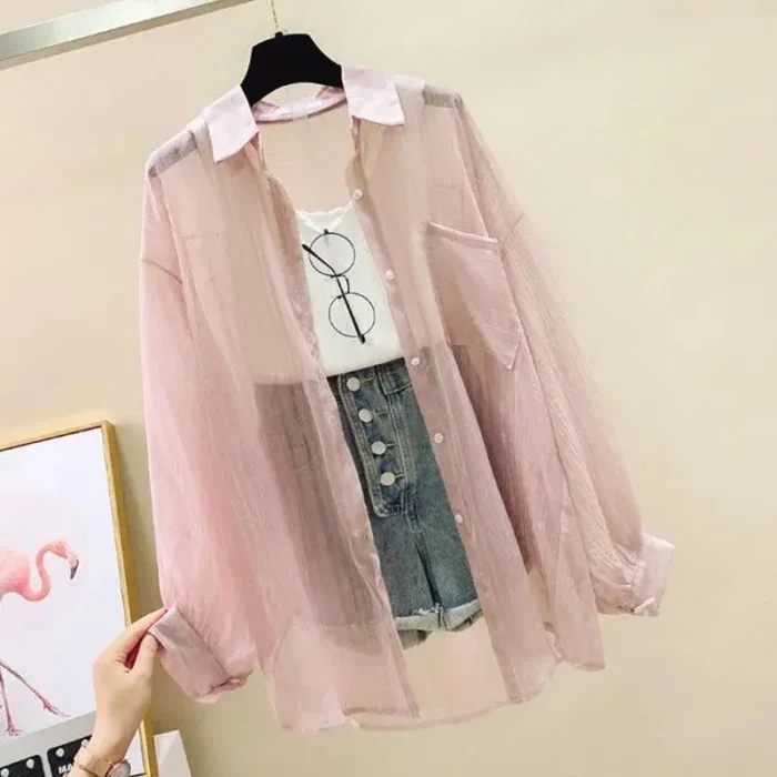 الصيف واقية من الشمس قميص أنيق منظور رقيقة بلوزة شيفون الكورية Harajuku انظر من خلال بلوزة فضفاضة سترة المرأة عادية