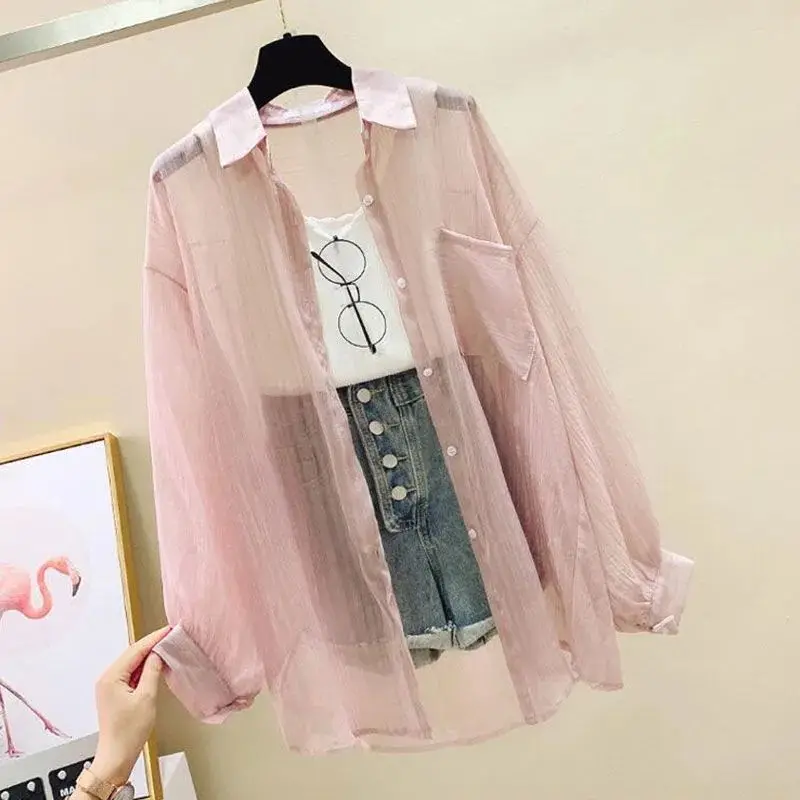 الصيف واقية من الشمس قميص أنيق منظور رقيقة بلوزة شيفون الكورية Harajuku انظر من خلال بلوزة فضفاضة سترة المرأة عادية
