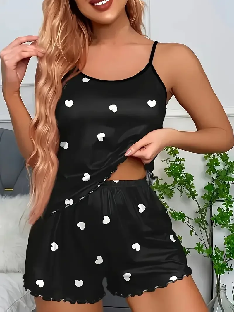 5 مقاسات اختر S M L XL 2XLWomen قطعتين الحمالات القلب قميص مطبوع والسراويل النسائية طقم بيجامة مطبوعة عادية