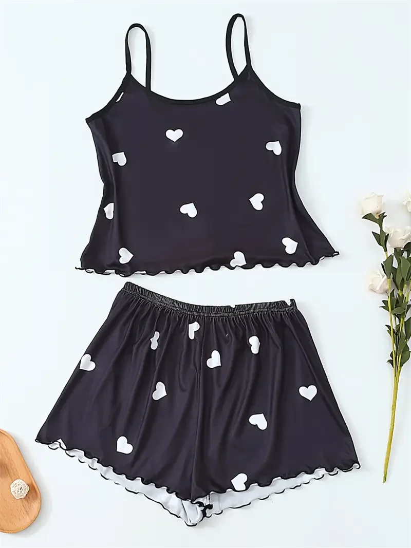 5 مقاسات اختر S M L XL 2XLWomen قطعتين الحمالات القلب قميص مطبوع والسراويل النسائية طقم بيجامة مطبوعة عادية