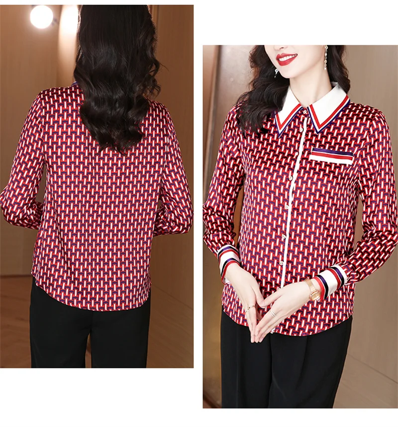 FANIECES S-4XL Ropa De Mujer أنثى الأحمر منقوشة مطبوعة Blusas قميص زر بلوزة بولو عادية ربيع الخريف الملابس النسائية