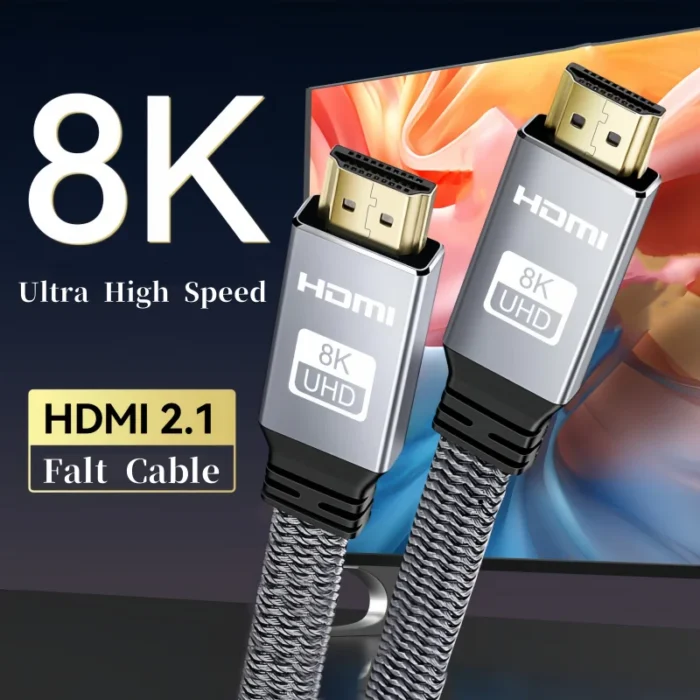 كابل HDMI مسطح 8K بسرعة 48 جيجابت في الثانية، يدعم 8K60 و4K120 و144 هرتز، كابل HDMI 2.1 مضفر، متوافق مع تقنيات 3D وEARC وHDCP 2.2 و2.3، متوافق مع أجهزة Roku TV وPS5.