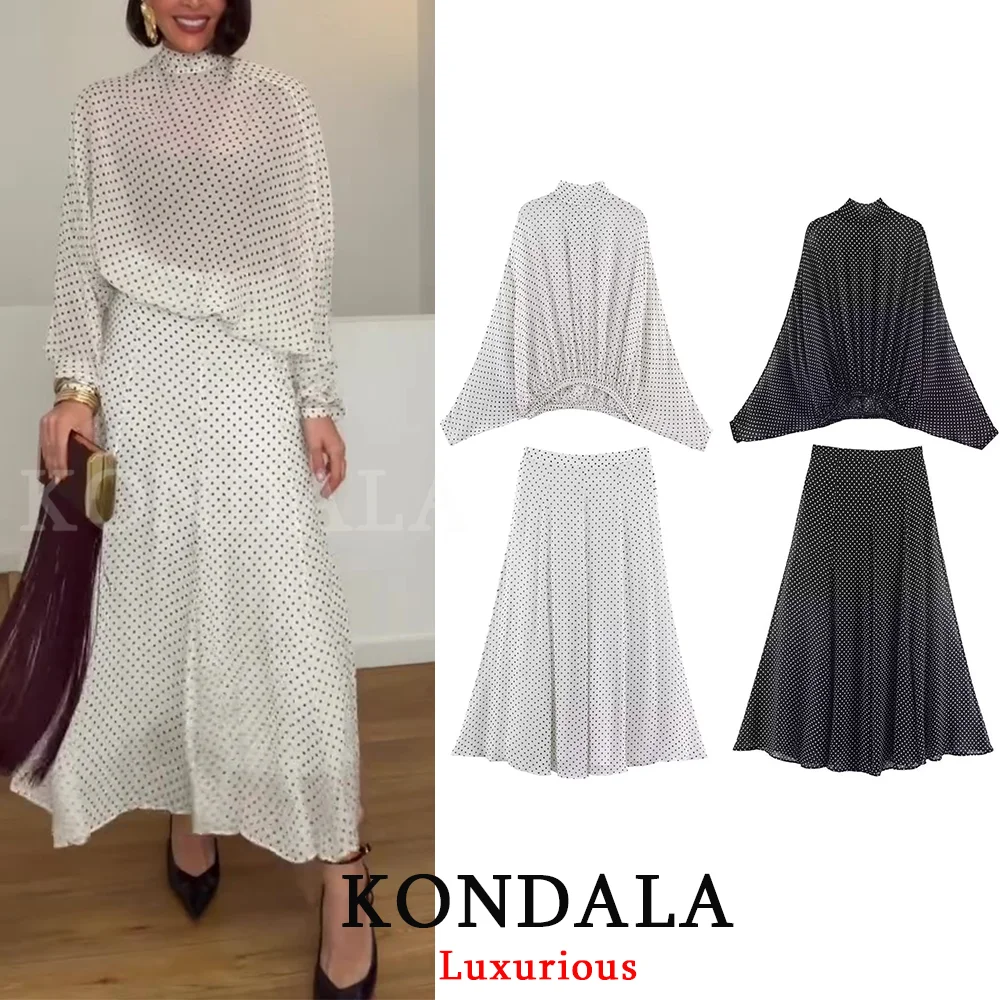 أطقم نسائية من KONDALA بتصميم عتيق منقط، بلوزات فضفاضة من الشيفون بربطة عنق، وتنورات طويلة فضفاضة، أزياء عصرية لربيع وصيف 2026، ملابس للعطلات