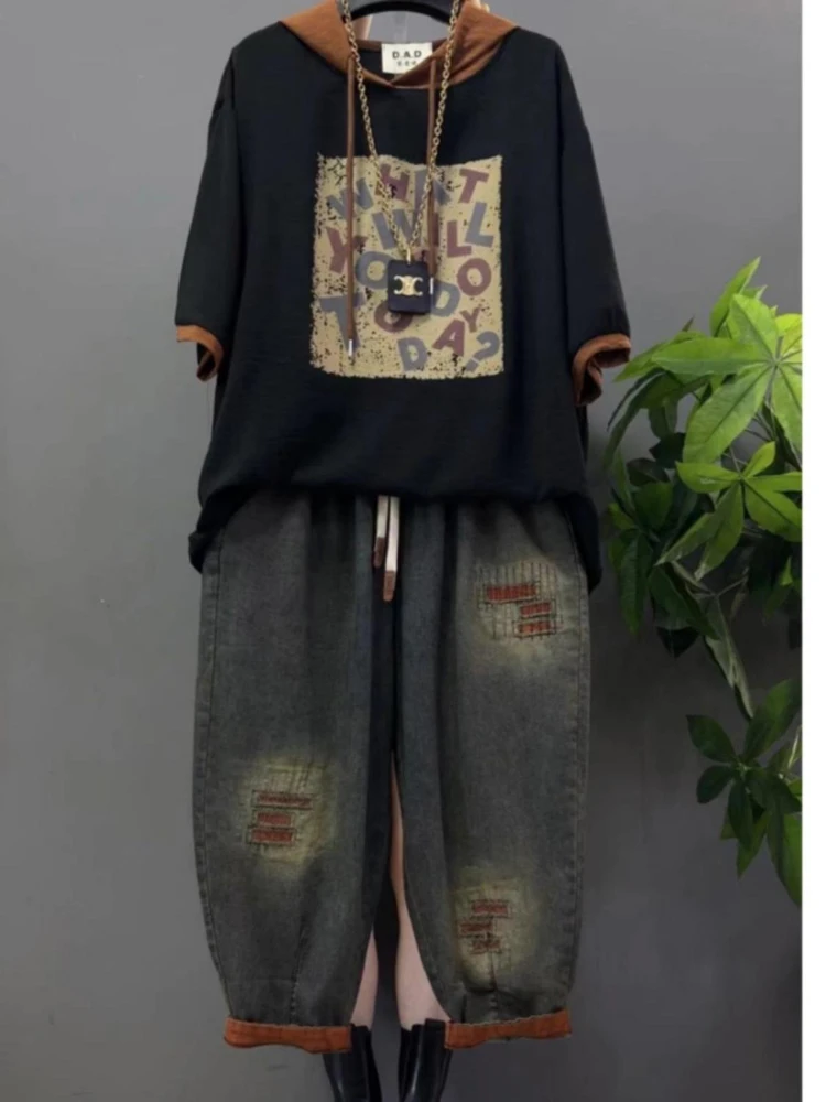 خمر حجم كبير الجينز مجموعة المرأة قطعتين الزي رداء غير رسمية الدنيم السراويل السيدات مقنعين تي شيرت مطبوعة الجينز مجموعات