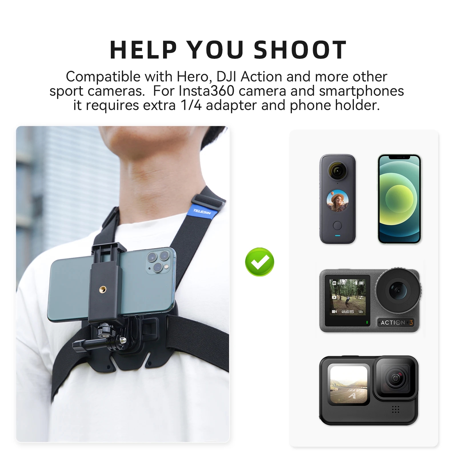 TELESIN شريط للصدر جبل صدرية حزام جبل ل GoPro بطل 13 12 11 10 9 8 7 6 5 Insta360 DJI عمل كاميرا الملحقات