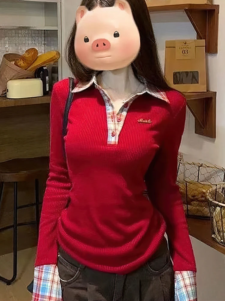 بلوزة نسائية بتصميم بولو كاروهات بأكمام طويلة وطبقات، قميص أساسي بياقة V وأزرار، بلوزة مطرزة بتصميم قطعتين وهميتين