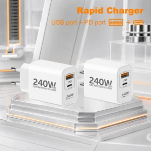 شاحن USB C بقوة 240 واط بتقنية GaN PD لهواتف آيفون 17 و16 و15 و14 و13 و12 برو ماكس، شحن سريع QC 3.0 وPD 3.0 من نوع USB-C لهواتف شاومي وبوكو وآيباد