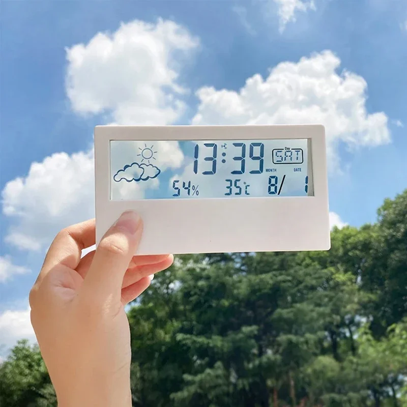 ساعة منبه لسطح المكتب LCD تقويم شفاف للطقس ودرجة الحرارة الرقمية والرطوبة تعرض الأجهزة المنزلية والحياة الذكية