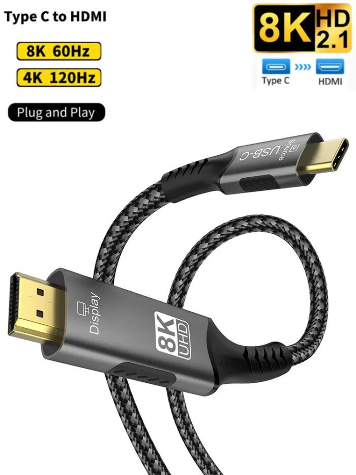 كابل محول USB C إلى HDMI 2.1 بدقة 8K وتردد 60 هرتز، كابل Type C إلى HDMI متوافق مع Thunderbolt 3 لأجهزة MacBook Pro وiPad Pro واللابتوب.