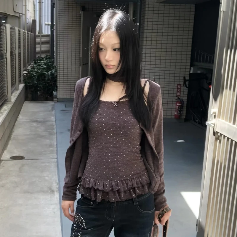 Karrram اليابانية Y2k محبوك القمم قطعتين مجموعة خمر Harajuku زر متماسكة تي شيرت مجموعات الكورية 2000s نمط تريكو الأمريكية