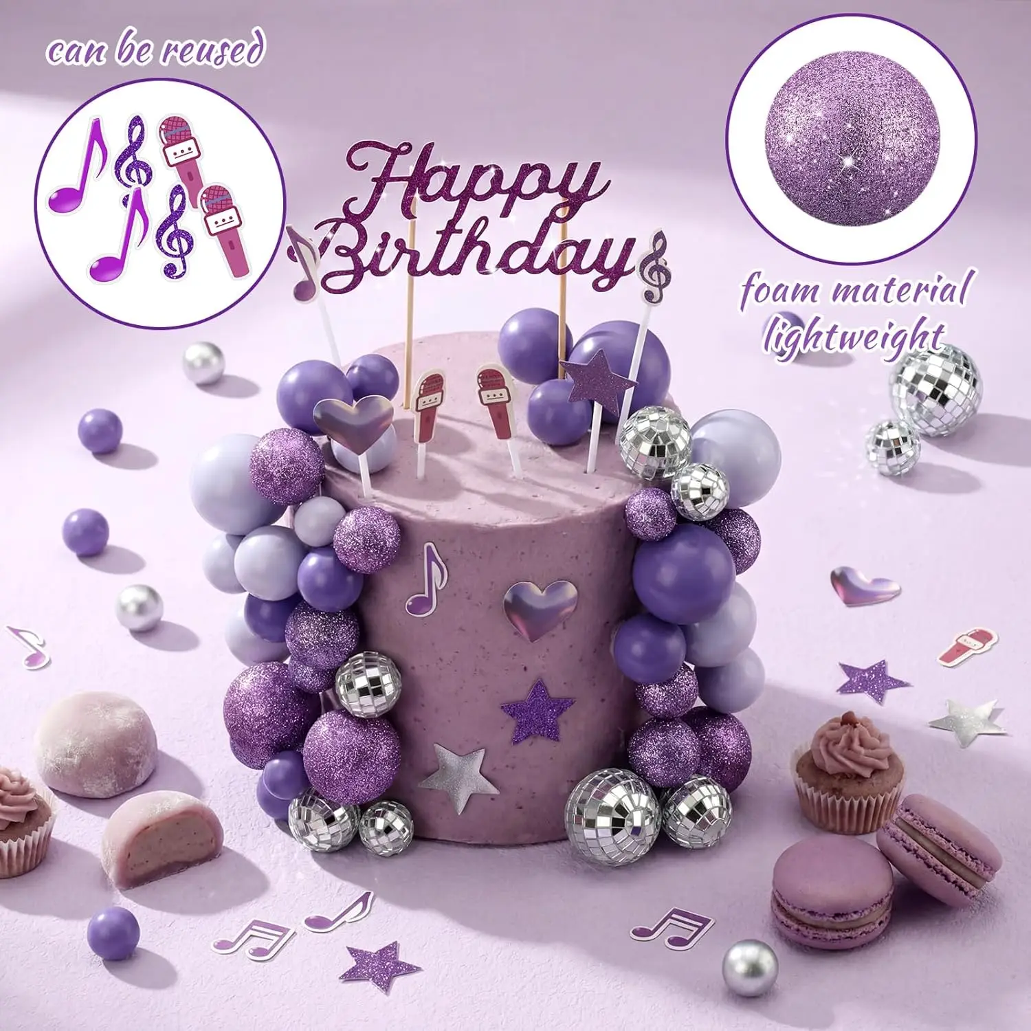 زينة كعكة عيد الميلاد بتصميم سباركل كي-بوب: كرات ديسكو أرجوانية، نوتات موسيقية ونجوم لامعة – مستلزمات حفلات لمحبي الموسيقى وديكور بثيم الموسيقى