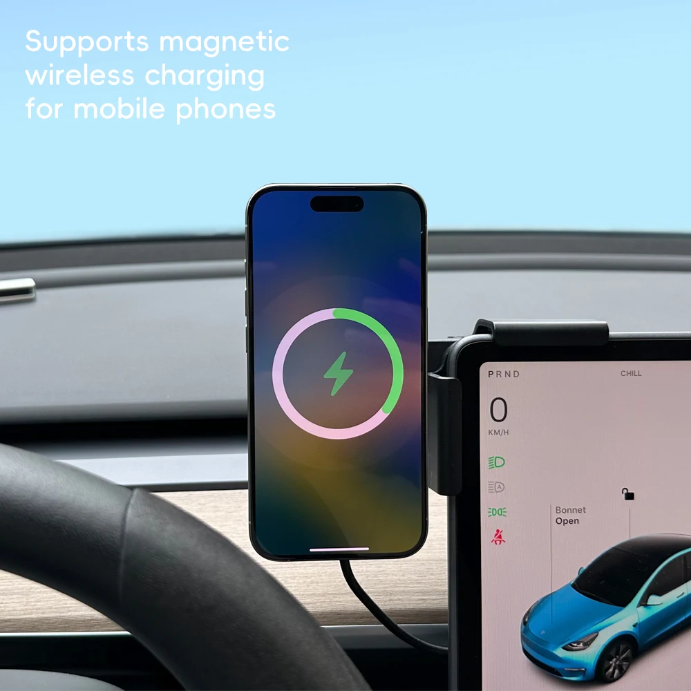 حامل هاتف للسيارة مع شاحن لاسلكي مغناطيسي 15 واط و25 واط Qi2.2 متوافق مع MagSafe لسيارة تسلا موديل Y 3 JUNIPER 2026