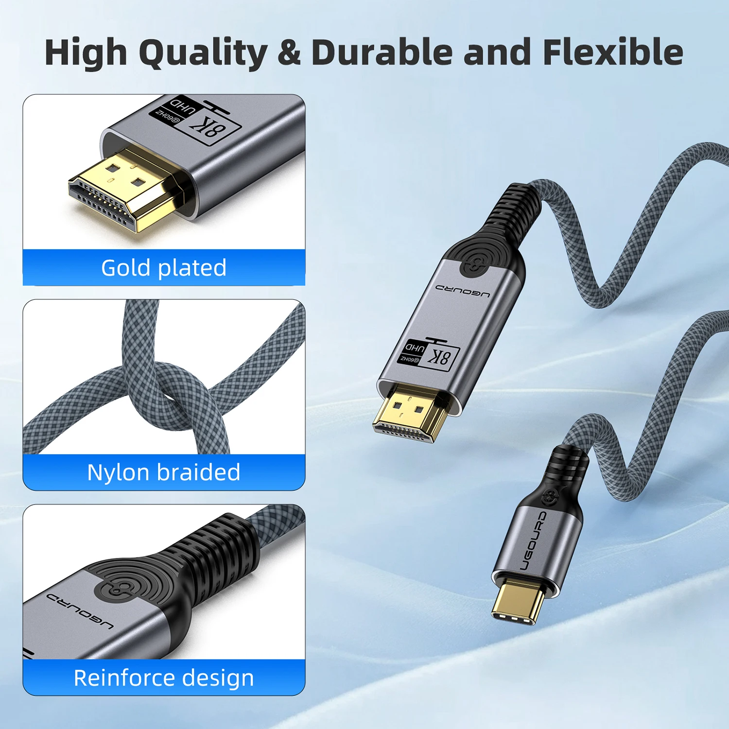 UGOURD USB C إلى HDMI2.0 كابل نوع C إلى HDMI 4K60HZ محول Thunderbolt 3 4 إلى HDTV 2.0 محول كابل آيفون 15 16 ماك بوك