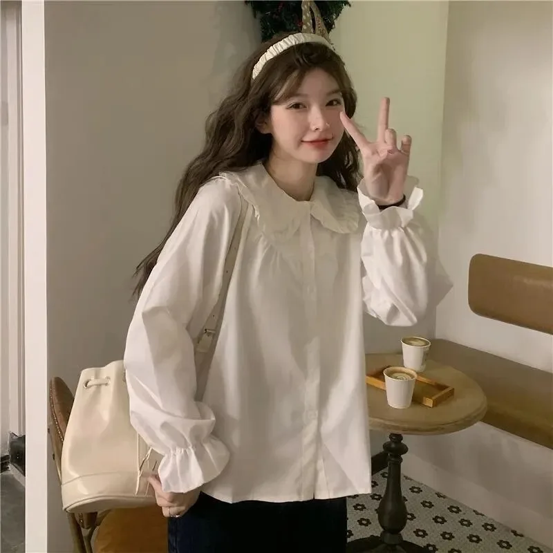 قميص أبيض نسائي عتيق على طراز Preppy بلوزة نسائية أنيقة بأكمام طويلة Y2K قمصان كاواي حلوة تناسب جميع المقاسات
