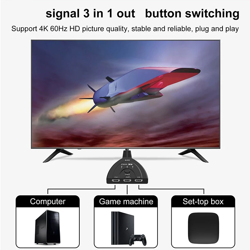 محول فيديو 4K 60Hz 3D ميني بثلاثة منافذ، محول فيديو 4K@30/1080P، 3 مداخل ومنفذ واحد للإخراج، كابل موزع لـ DVD وHDTV وXbox وPS4
