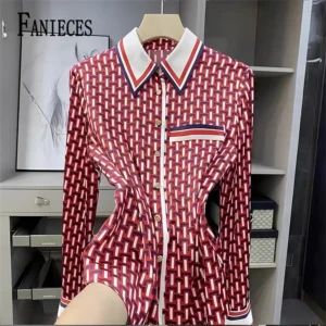 FANIECES S-4XL Ropa De Mujer أنثى الأحمر منقوشة مطبوعة Blusas قميص زر بلوزة بولو عادية ربيع الخريف الملابس النسائية