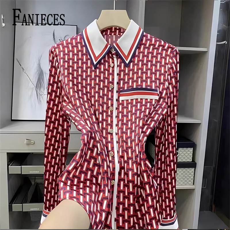 FANIECES S-4XL Ropa De Mujer أنثى الأحمر منقوشة مطبوعة Blusas قميص زر بلوزة بولو عادية ربيع الخريف الملابس النسائية