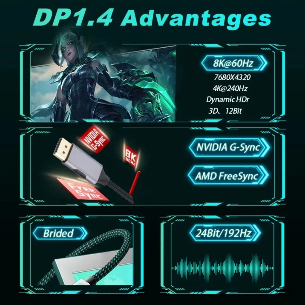 كابل USB-C إلى DisplayPort بدقة 8K@60Hz، كابل DP من النوع C 3.1 إلى منفذ عرض 4K 144Hz 1.4، كابل Thunderbolt 3 4 لأجهزة MacBook Air Pro وسامسونج