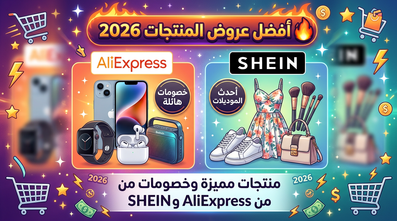 Arabic promotional graphic reading أفضل عروض المنتجات 2026, AliExpress, خصومات هائلة, SHEIN, أحدث الموديلات, and منتجات مميزة وخصومات من SHEIN و AliExpress